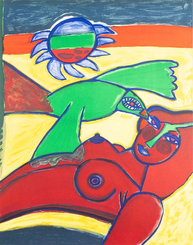 BEVERLOO CORNEILLE. Kvinna med fågel, färglitografi, oramat blad.