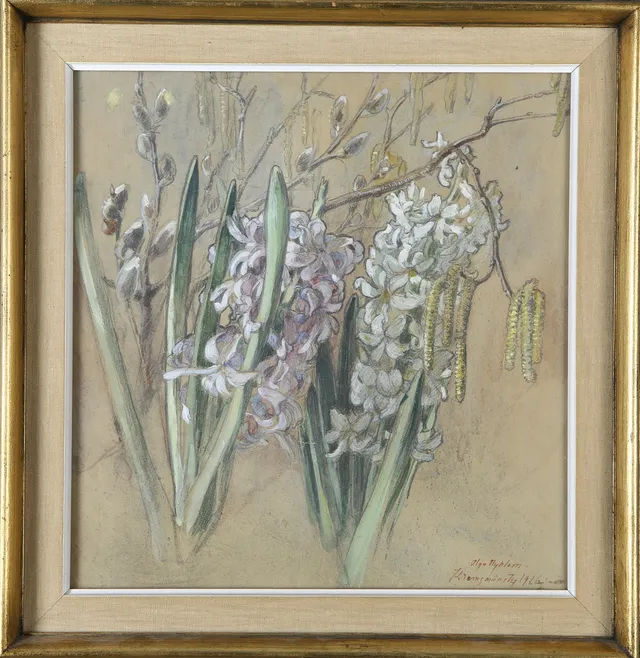 OLGA NYBLOM (SVERIGE 1872-1955). Blandteknik, hyacinter och videung, signerad och daterad 1916 Kremsmünster (Österrike).
