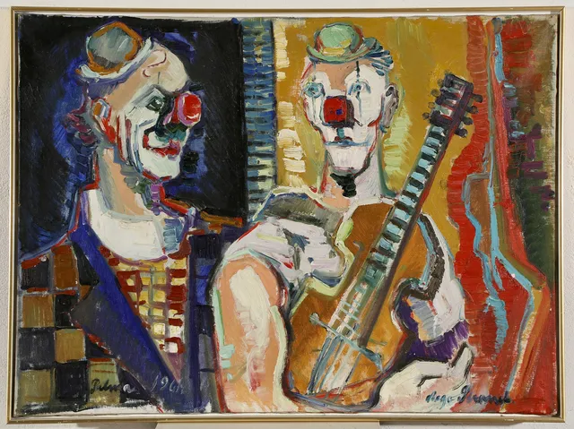 AAGE STRAND (1910-1975). To klovne, olie på lærred.