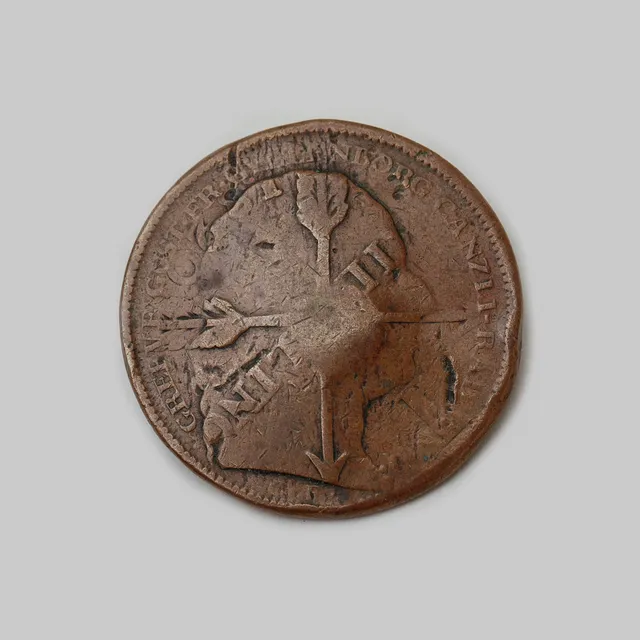 MYNT, 1 skilling, Karl XIV Johan, präglad på medalj, oläsligt årtal.