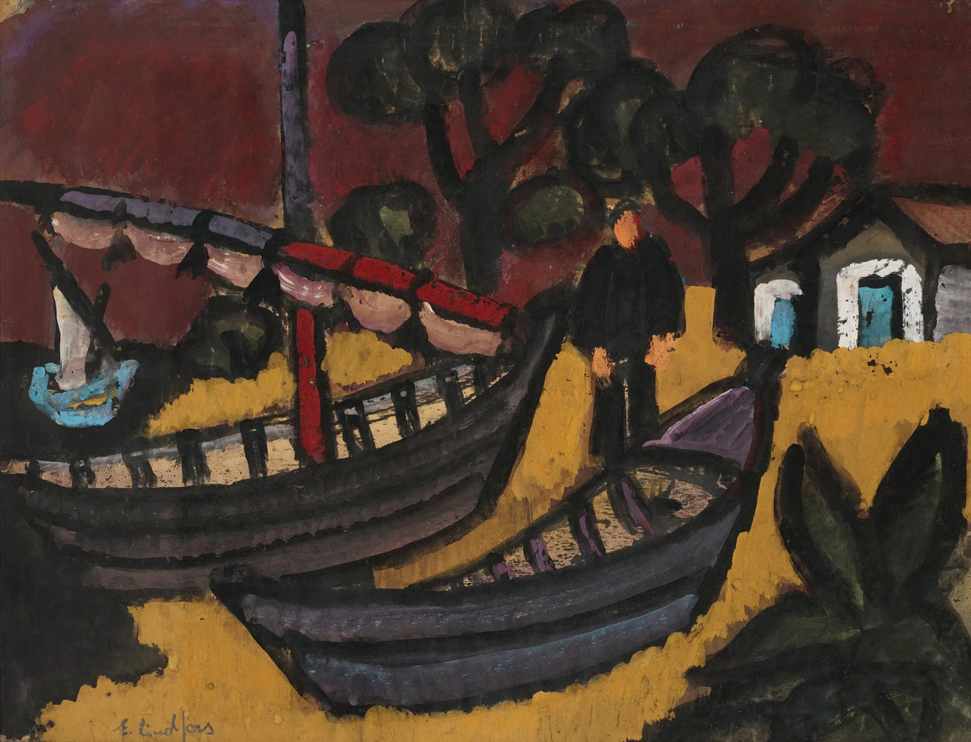 EVERT LINDFORS (1927-2016). Båtar på strand, signerad E. Lindfors, gouache. — Paintings — Crafoord Auktioner Stockholm