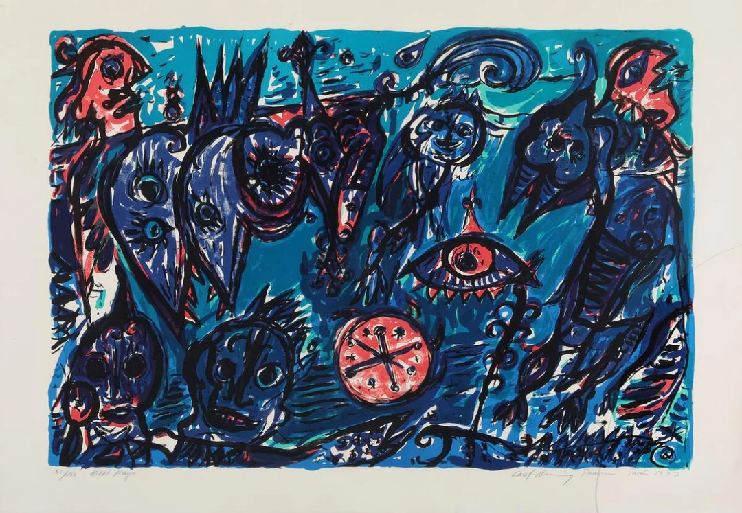 “Blue Maya”, 1977. Signed and dated Carl-Henning Pedersen, 1977, 57/150. Lithograph in colours. Visible size 60×87 cm. — Modern Prints/CoBrA — Bruun Rasmussen