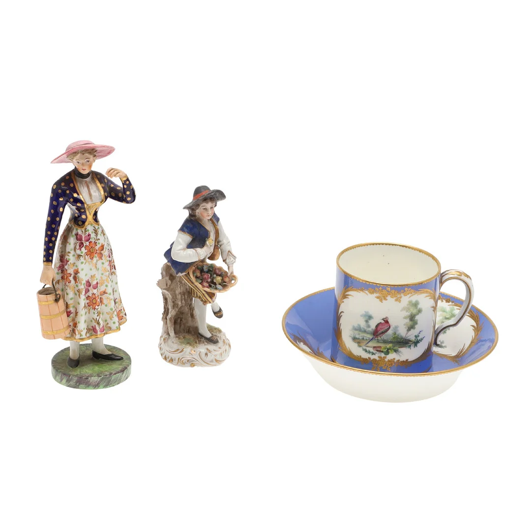 SEVRES STYLE PORCELAIN CUP & SAUCER, & TWO PORCELAIN FIGURES. — European — Lawrences Auctioneers