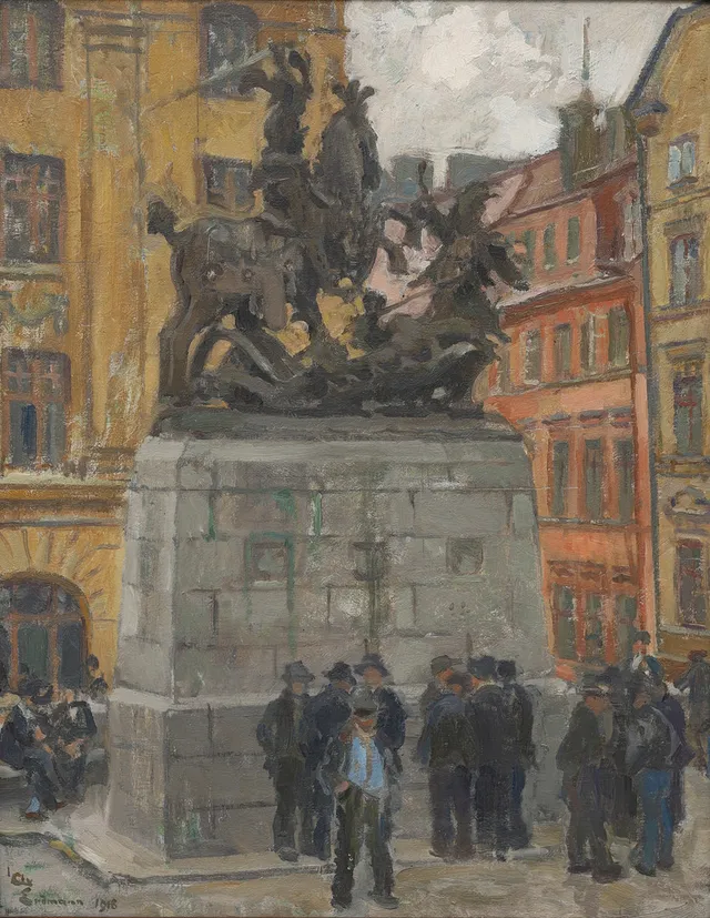 AXEL ERDMANN. Vid Sankt Göran och draken på Köpmantorget, Stockholm, olja på duk, signerad och daterad 1918.