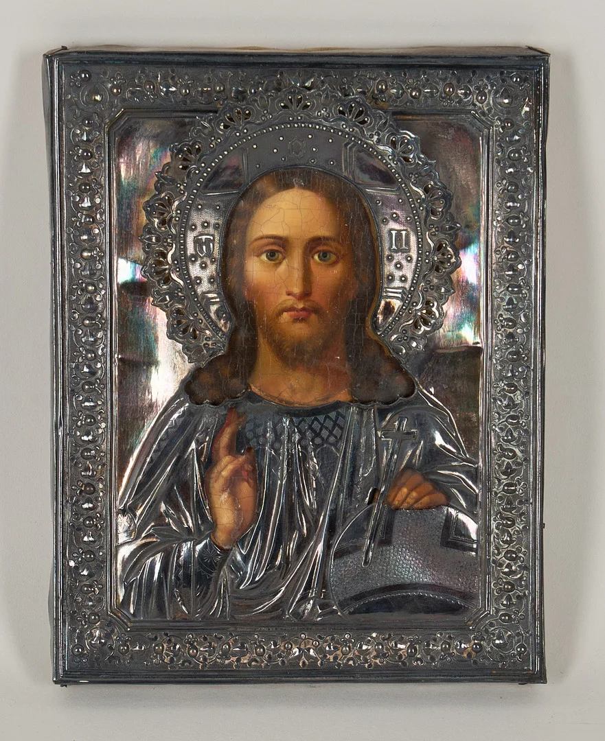 IKON, Kristus Pantokrator, Ryssland, St. Petersburg 1878, silverrisa, tempera på träpannå. — Other — Stockholms Auktionsverk Helsinki