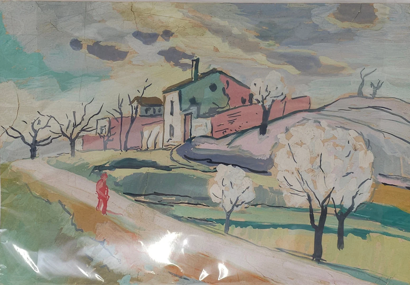 MANOLO HUGUÉ (?). PAISAJE CON CASAS. TÉCNICA MIXTA SOBRE PAPEL. — Paintings — Barcelona Auctions