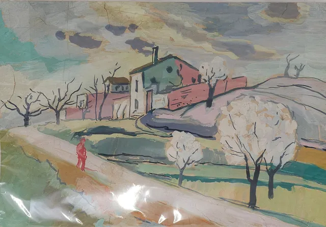 MANOLO HUGUÉ (?). PAISAJE CON CASAS. TÉCNICA MIXTA SOBRE PAPEL.