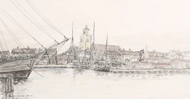 LARS HULTGREN. "Hamnparti Mönsterås omkr. 1910". Blandteknik, signerad och daterad 95.
