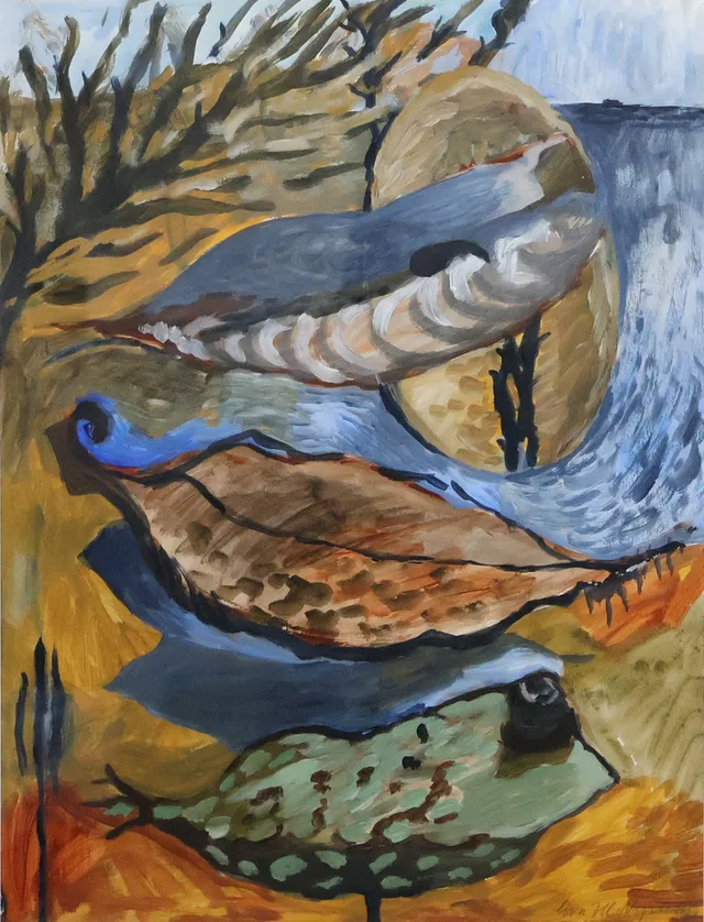 EVA HC NYSTRÖM. gouache, komposition med fiskar.