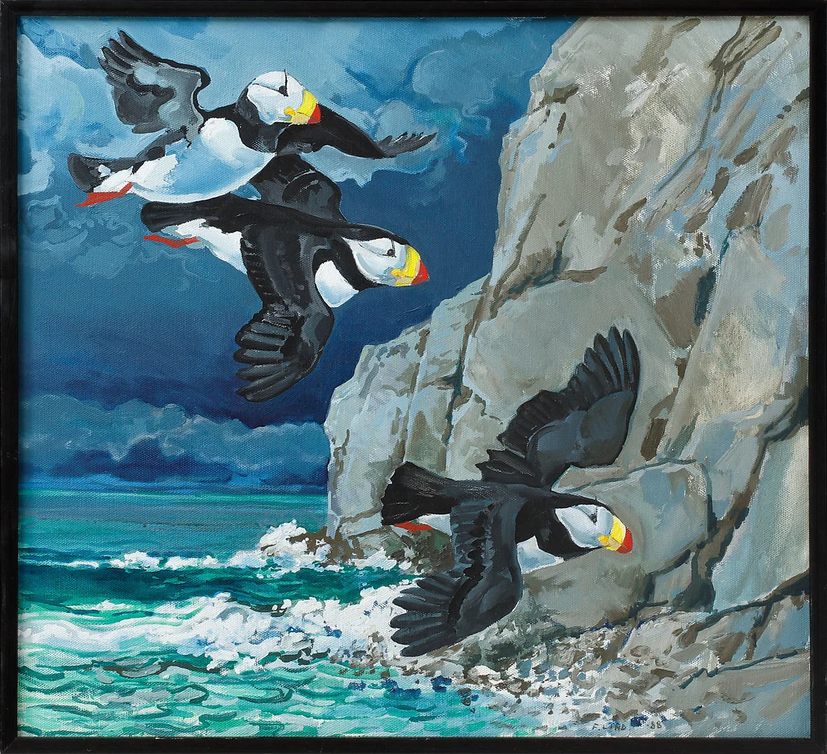 FOLKE LIND. "Hornlunnefåglar", Alaska. Olja på duk, signerad och daterad -88. — Paintings — Göteborgs Auktionsverk