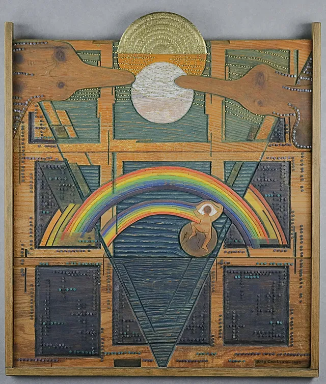 STIG CARLSSON. Väggrelief, i delvis snidat trä och spikar, signerad, Nyhamnsläge, 1989-90.