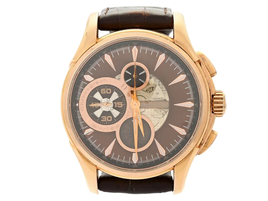 HAMILTON, Jazzmaster, Cal ETA 7750, Boett nr. H327460 / L4508-H, kronograf, herrur, 46 mm, doublé, automatisk, safirglas, glasbaksida, läderband, originalspänne i doublé, ca 2010. — Klockor/Hamilton — Kaplans