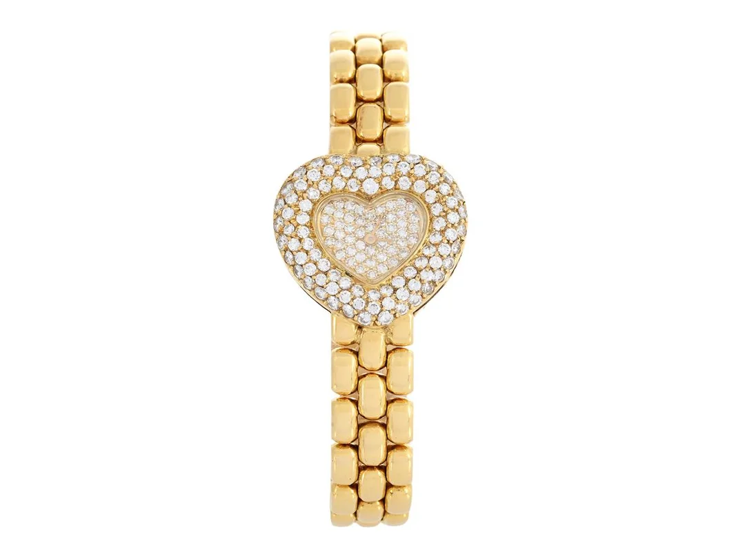 CHOPARD, Geneve, Happy Diamonds "Heart", Serie nr. 433772, Boett nr. 535 1 / 10/5550, damur, 22 mm, 18K guld, quartz, safirglas, diamanter på urtavlan (49 st. 8/8), briljanter på boetten (88 st. TW/VVS, ca 1,50 ctv), integrerad originallänk, längd 165 mm, totalvikt 54,3 gram, ca 2000. — Klockor/Chopard — Kaplans