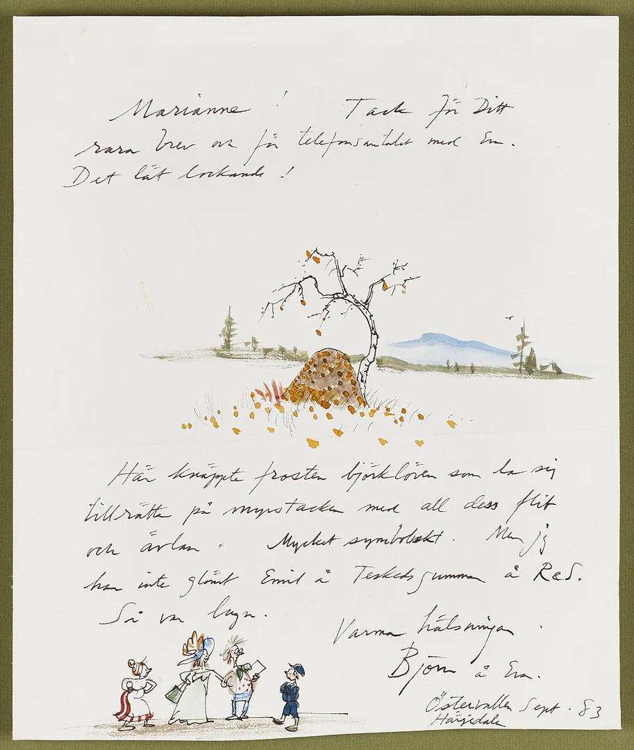 BJÖRN BERG (Unterwössen, Bayern 1923-2008 Danderyd), Emil och Teskedsgumman mfl, signerad Björn, teckning/brev. — Paintings — Crafoord Auktioner Stockholm
