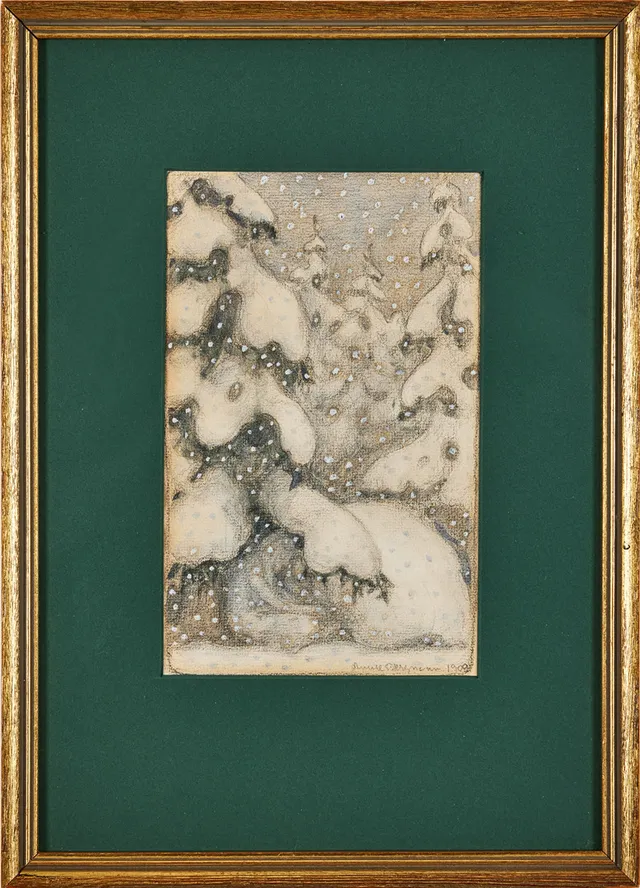 ANNIE BERGMAN. Skogsrå under snötyngda granar, akvarell och blyerts på papper, 22 x 14 cm.