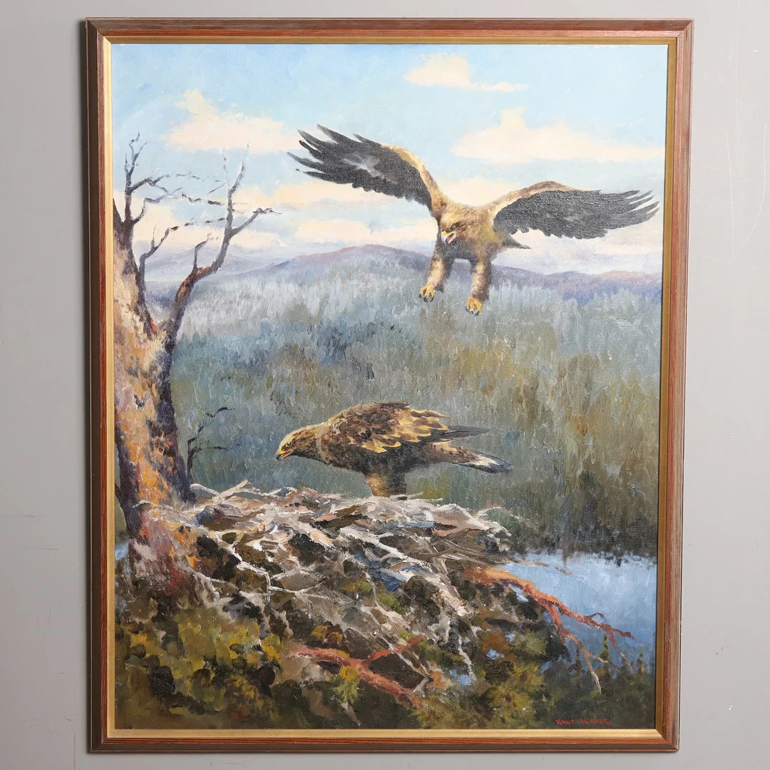 KNUT VALINDER. Olja på duk, "Par i örnnäste", signerad. — Paintings — Örebro Stadsauktioner