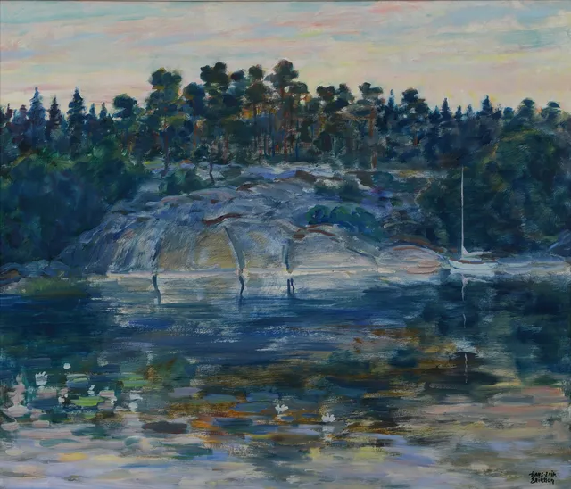 HANS ERIK ERIKSSON. Klippor vid sjö, olja på pannå, signerad.