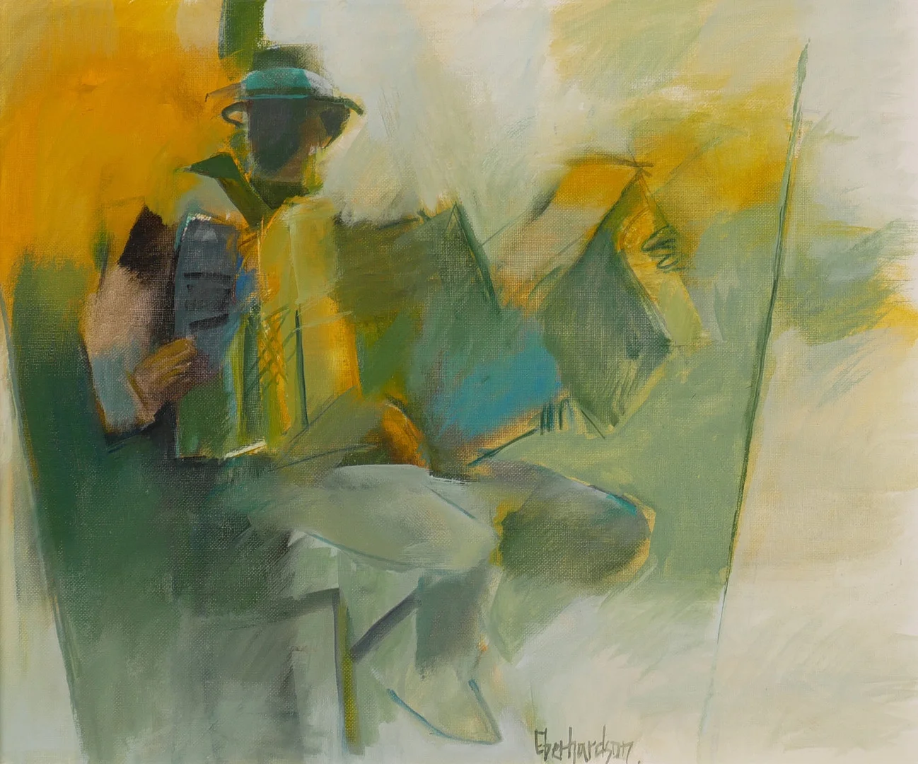 EBBE EBERHARDSON. Dragspelsman, "Afton på Solvik", olja på pannå, signerad Eberhardson. — Paintings — Auktionsfirma Kenneth Svensson i Kalmar