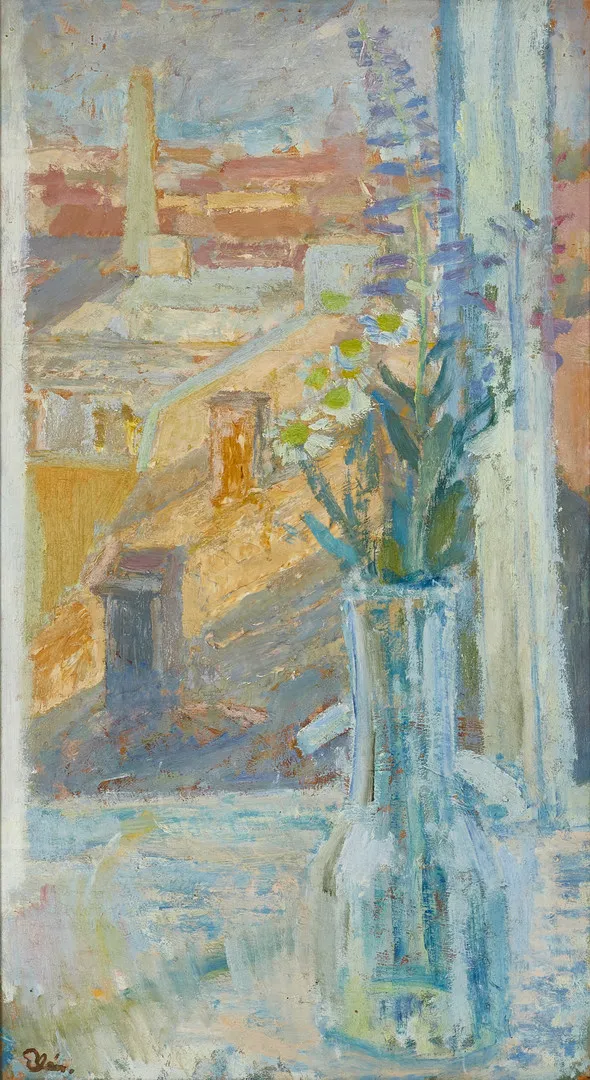 INGVAR ELÉN (Stockholm, 1915-1973): Stileben med fönsterutsikt, signerad, olja på pannå.