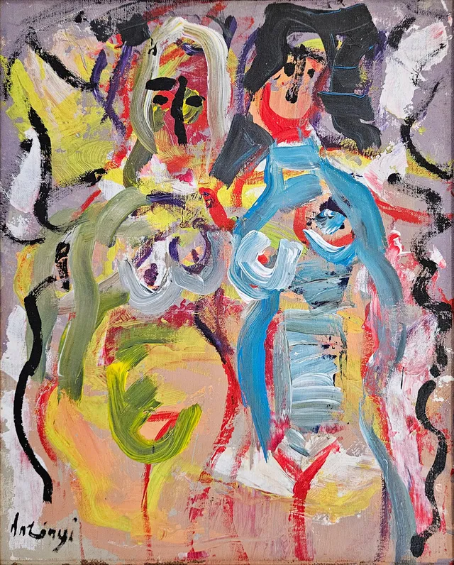 IMRE ANTONYI. Figurkomposition. Olja på duk, uppklistrad på pannå, signerad Antonyi.