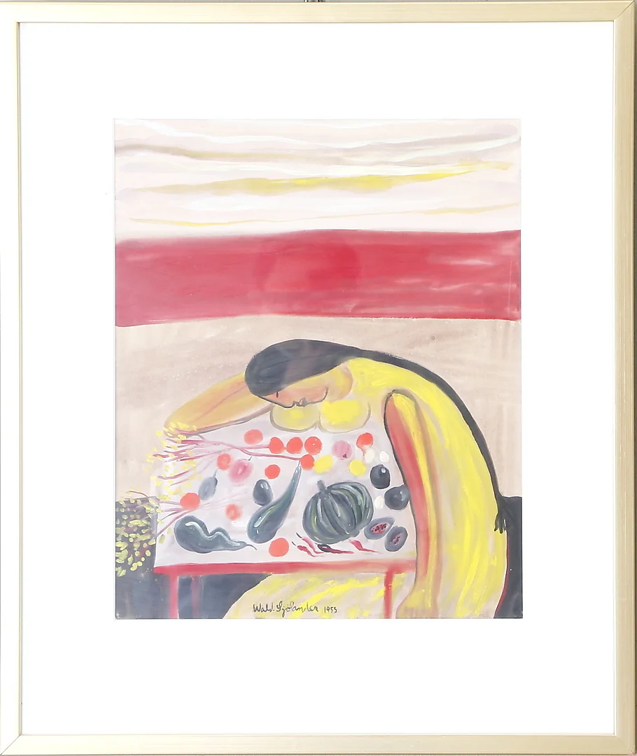 WALDEMAR SJÖLANDER. Kvinna vid bord, gouache, signerad och daterad 1955. — Engravings & Prints — Kalmar Auktionsverk