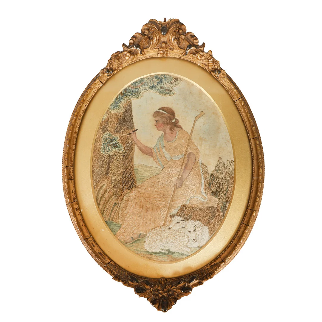 AN 18TH CENTURY SILK WORK PICTURE OF SHEPHERDESS. — Textiles — Bishop & Miller