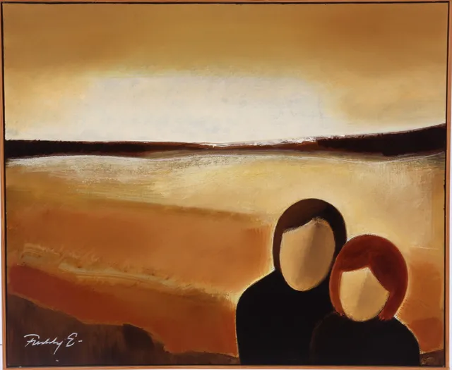 Freddy Eriksen. Landscape with two figures in the foreground. Oil on canvas