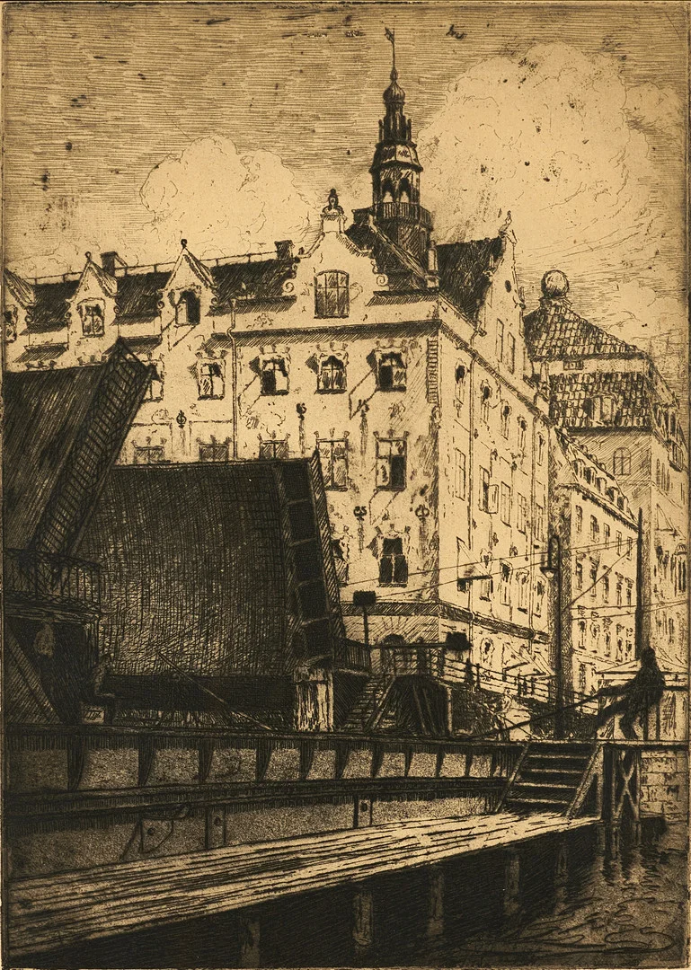HARALD SALLBERG (1895-1963). "Slussen", Stockholm, signerad och daterad 1918 i blyerts, numrerad 96/100, etsning. — Engravings & Prints — Crafoord Auktioner Stockholm