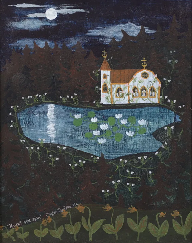 INGER RYDÉN ( 1944-2020). "Huset vid sjön", olja på pannå, signerad och daterad.