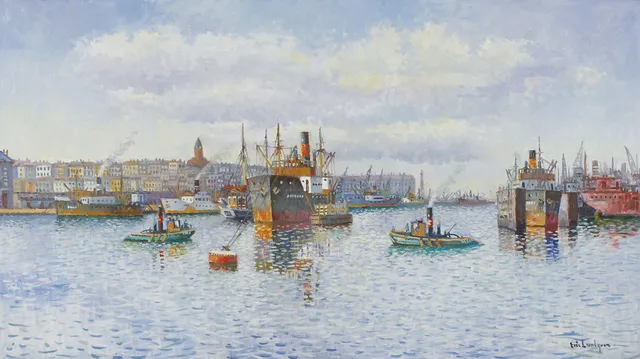 ERIC LUNDGREN. Göteborgs hamn, olja på duk, signerad.