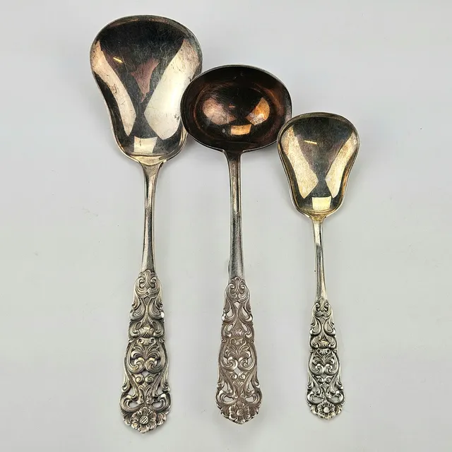 THORVALD MARTHINSEN. Serveringsskedar, 3 st, silver, "Valdres", Norge, vikt ca. 143 gram.
