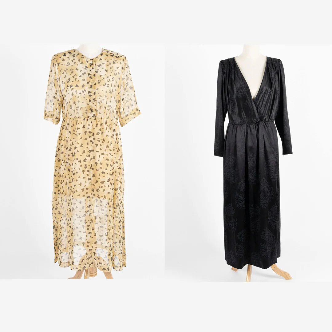 LAURÈL & YVES SAINT LAURENT RIVE GAUCE. Klänningar, Laurèl polyester, storlek 40, tillhörande scarf, YSL fransk storlek 40, silke. — Vintage & Designer Fashion — Stockholms Auktionsverk Helsinki