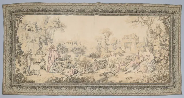 GOBELÄNG/BONAD, figurscen i landskapsmiljö, 1700-tals stil.