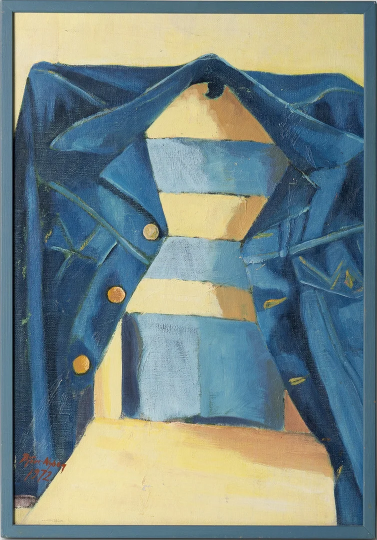 BJÖRN NYBERG (1943-2005). Komposition med jeansjacka, olja på duk. — Paintings — Stockholms Auktionsverk Helsingborg