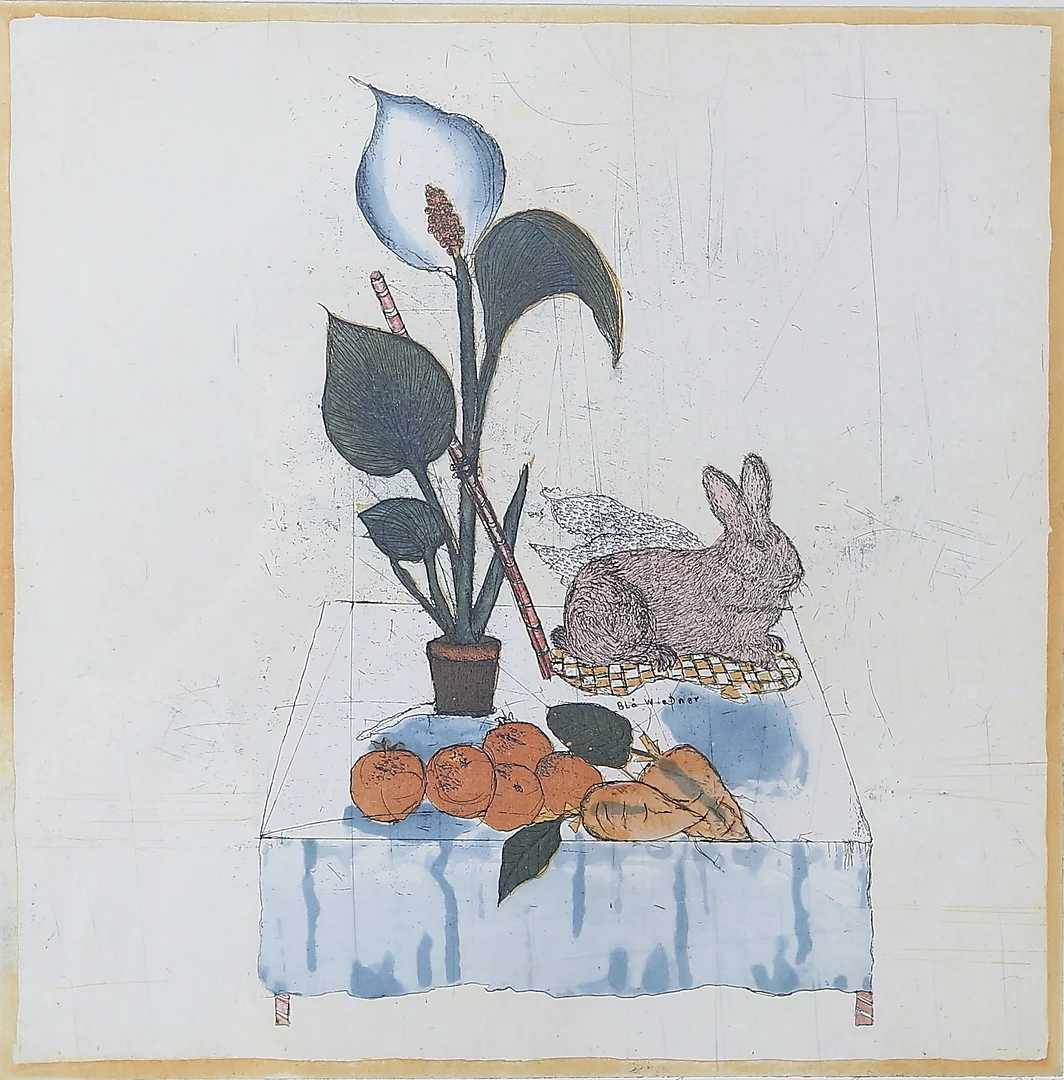 HELMTRUD NYSTRÖM. "Stilleben med bevingad hare". Etsning, signerad, numrerad 14/75 och daterad 1976. — Engravings & Prints — Gomér & Andersson Linköping