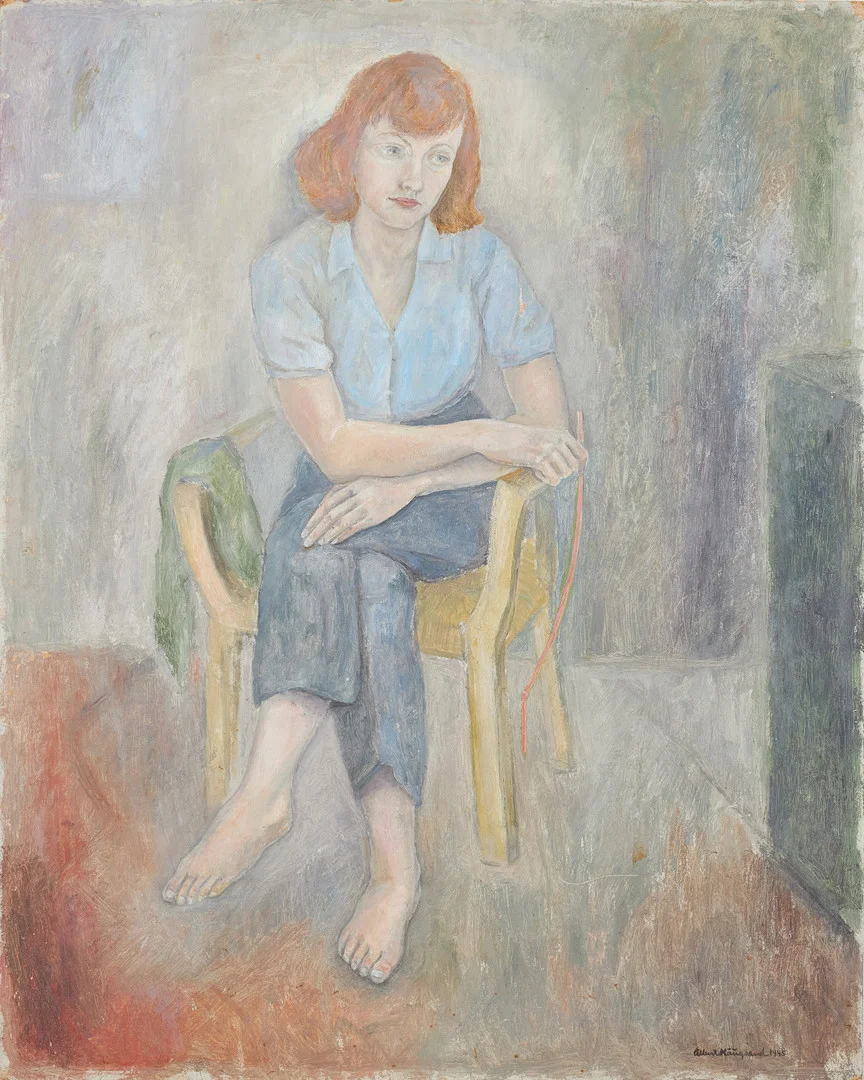 OIDENTIFIERAD KONSTNÄR. Sittande kvinna, olja på pannå, signerad, daterad 1945. — Paintings — Stockholms Auktionsverk Sickla