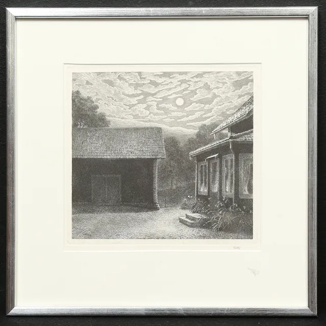 FOLKE GULLBY. "Sommarnatt på vår gård". Etsning 1975, signerad.