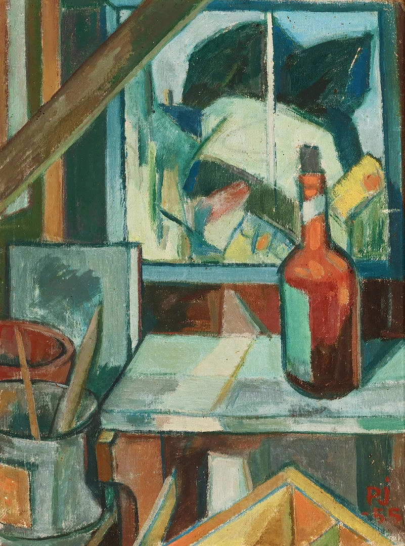 UBEKENDT KUNSTNER 20 ÅRH. Stilleben i atelier, olie på plade, signeret og dateret 1955. — Paintings — Palsgaard Kunstauktioner