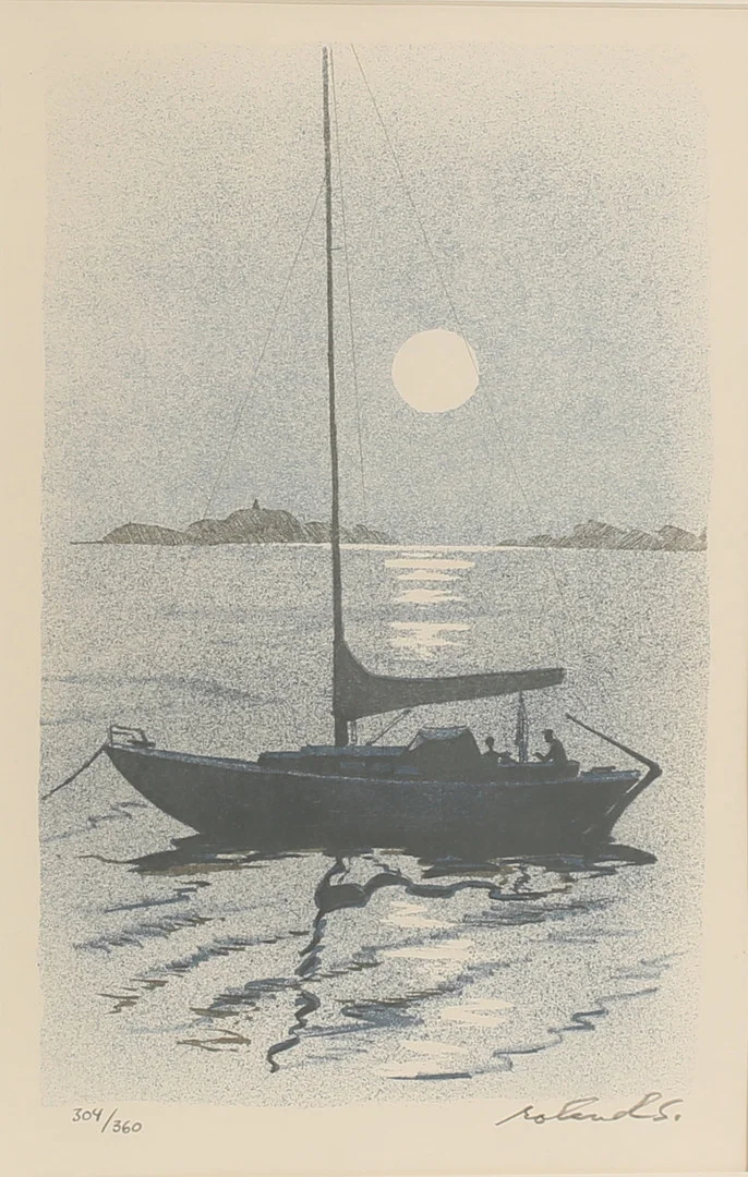 ROLAND SVENSSON. Färglitografi,"Båtsnack", signerad och numrerad. — Engravings & Prints — RA Auktionsverket Norrköping