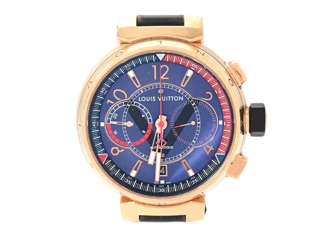 LOUIS VUITTON, Tambour Chrono, Cal LV172 (ETA 2892A), Serie nr. TD5377, Ref nr. Q1026A, kronograf, herrur, 44 mm, 18K rosa guld, automatisk, safirglas (nagg/repor), datum, 24h-visning, integrerat läderband (se fördjupad info), originalspänne i 18K rosa guld, ca 2015, box, ytterkartong.