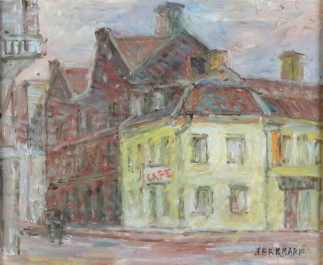 SIGGE JERNMARK. Oljemålning på duk. Signerad. "Brogrens hotell". — Paintings — Skånes Auktionsverk