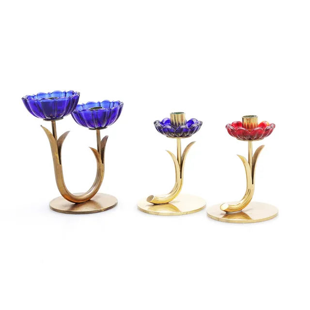 GUNNAR ANDER. Ljusstakar, 3 st, glas/mässing, Ystad Metall, 1900-talets mitt.