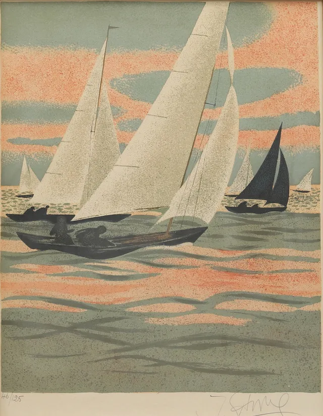 YVES GANNE (FRANKRIKE, FÖDD 1931). Segelbåtar, litografi, signerad och numrerad.