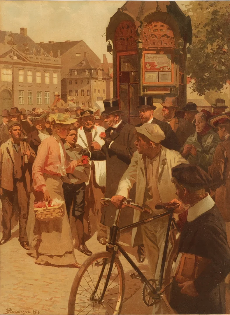 ERIK HENNINGSEN (1855-1930). EFTER. Indrammet litografisk tryk med Kong Christian IX på Kongens Nytorv på den første Børnehjælpsdag i 1904. — Paintings — Palsgaard Kunstauktioner