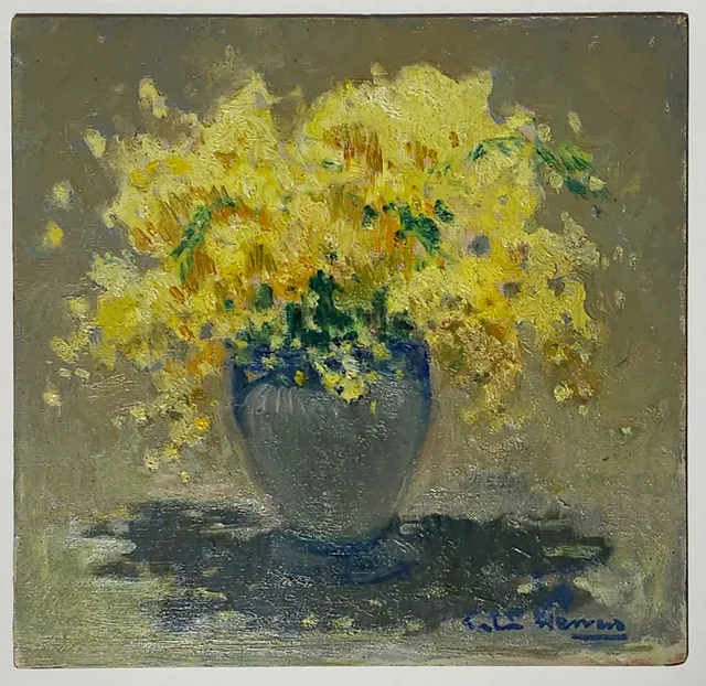 ANTONI SALA HERRERO. JARRÓN CON MIMOSAS. ÓLEO SOBRE TÁBLEX.