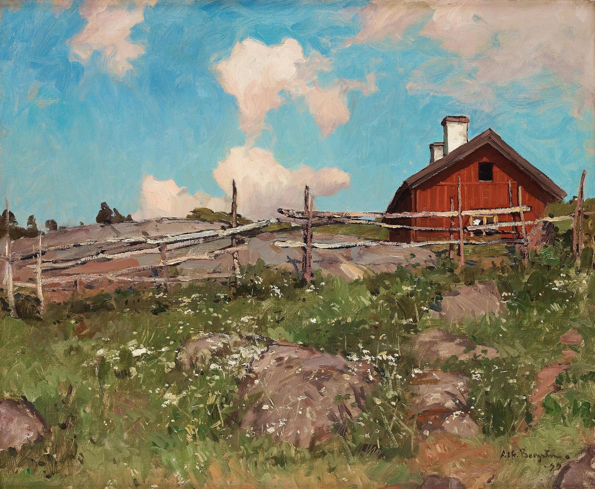 Alfred Bergström, Sommarlandskap med röd stuga vid gärdesgård. — Bukowskis
