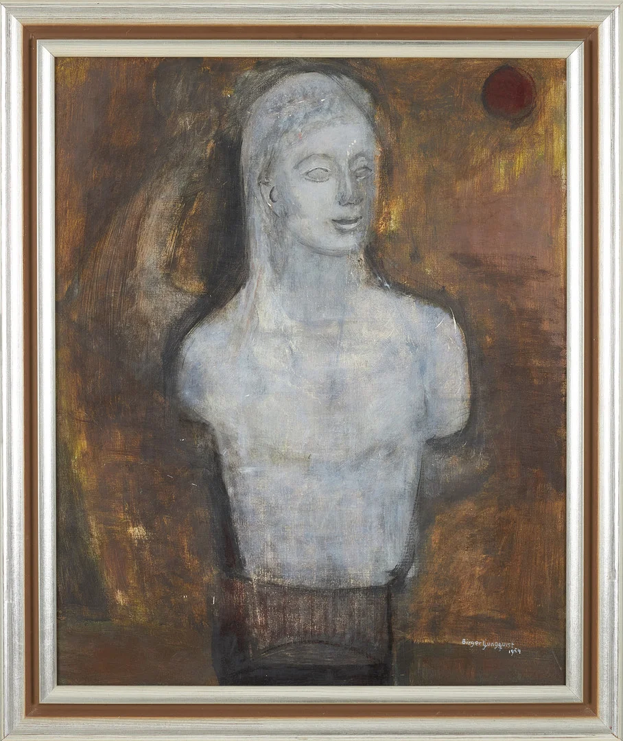 BIRGER LJUNGQUIST. motiv av byst, olja på pannå, signerad samt daterad 1953. — Paintings — Stockholms Auktionsverk Sickla