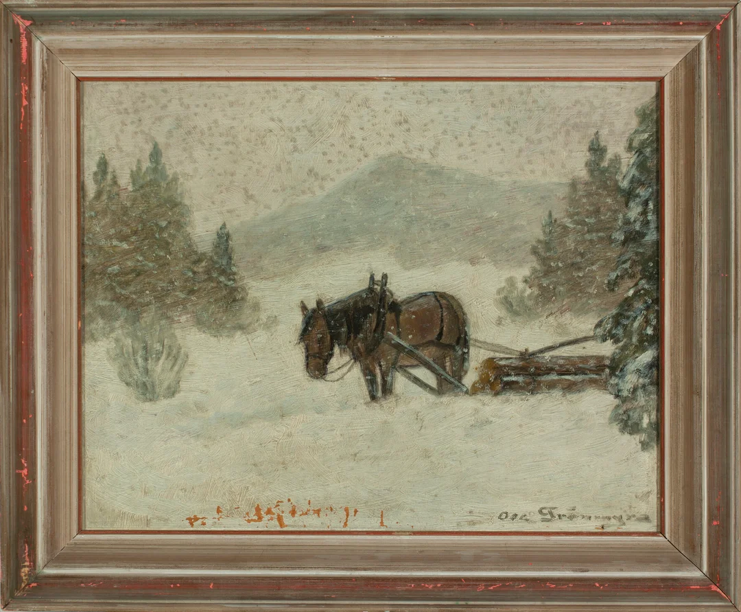 Grønmyra, Oscar — Hest med tømmer på slep — Kunst/Maleri — Blomqvist