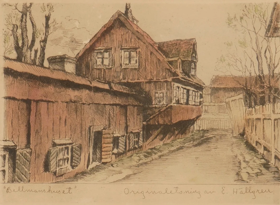 ERNST HÄLLGREN. "Bellmanhuset", etsning, signerad. — Engravings & Prints — Auktionsfirma Kenneth Svensson i Kalmar