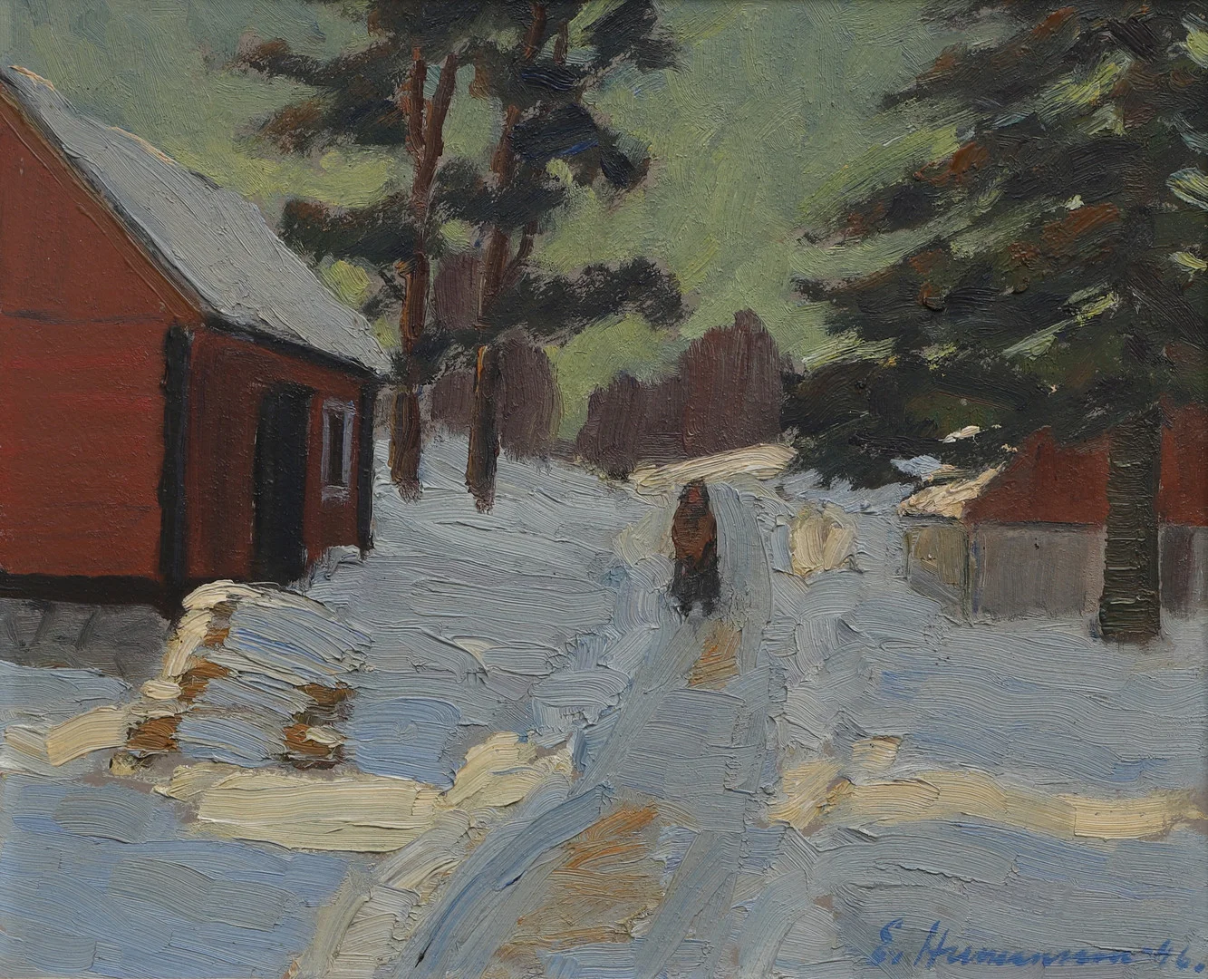 ERIC HERMANSSON. Olja på pannå, vinterlandskap, signerad, daterad -46. — Paintings — Ekenbergs Auktioner